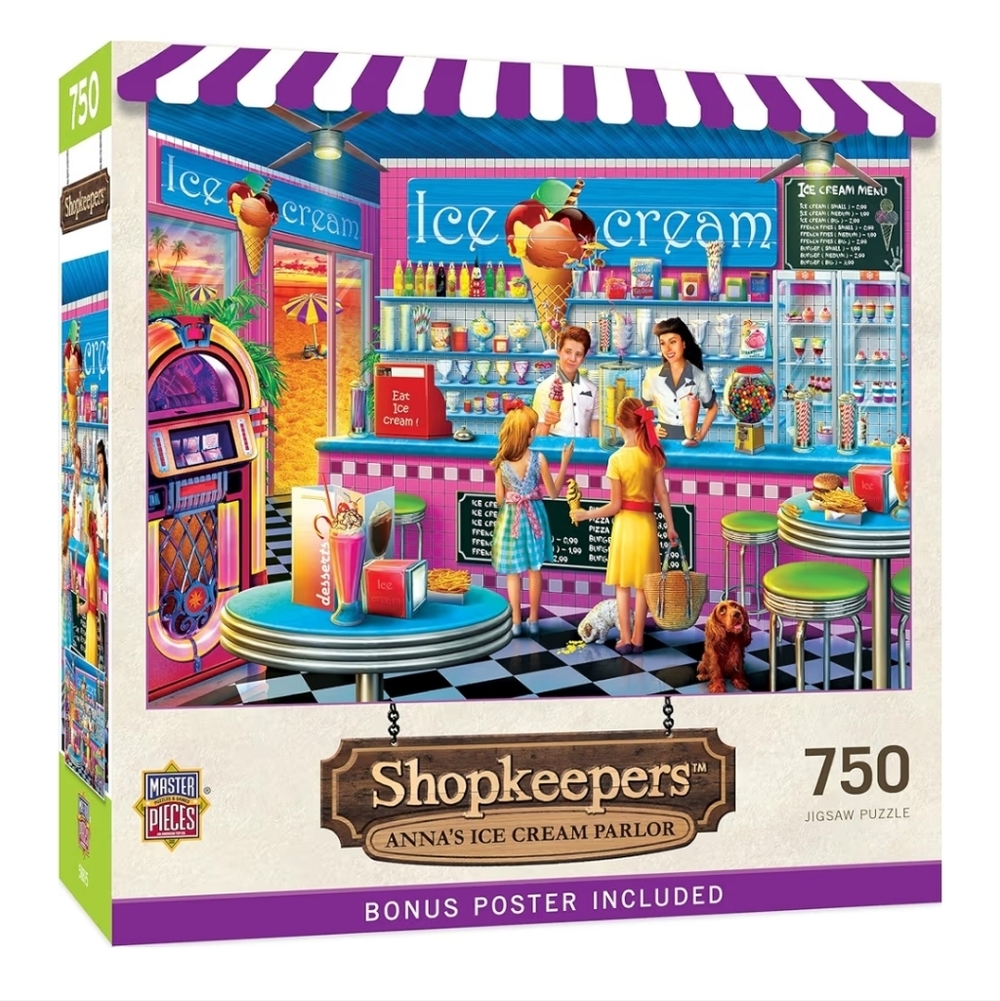 🧩2/$12 Masterpieces 750 Piece Jigsaw Puzzle Anna's Ice Cream Parlor Complete!